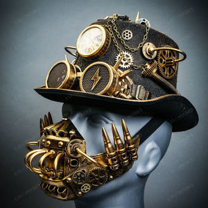 Gold Steampunk Lightning Goggle Top Hat w/ Gold Robot Mask Halloween Costume